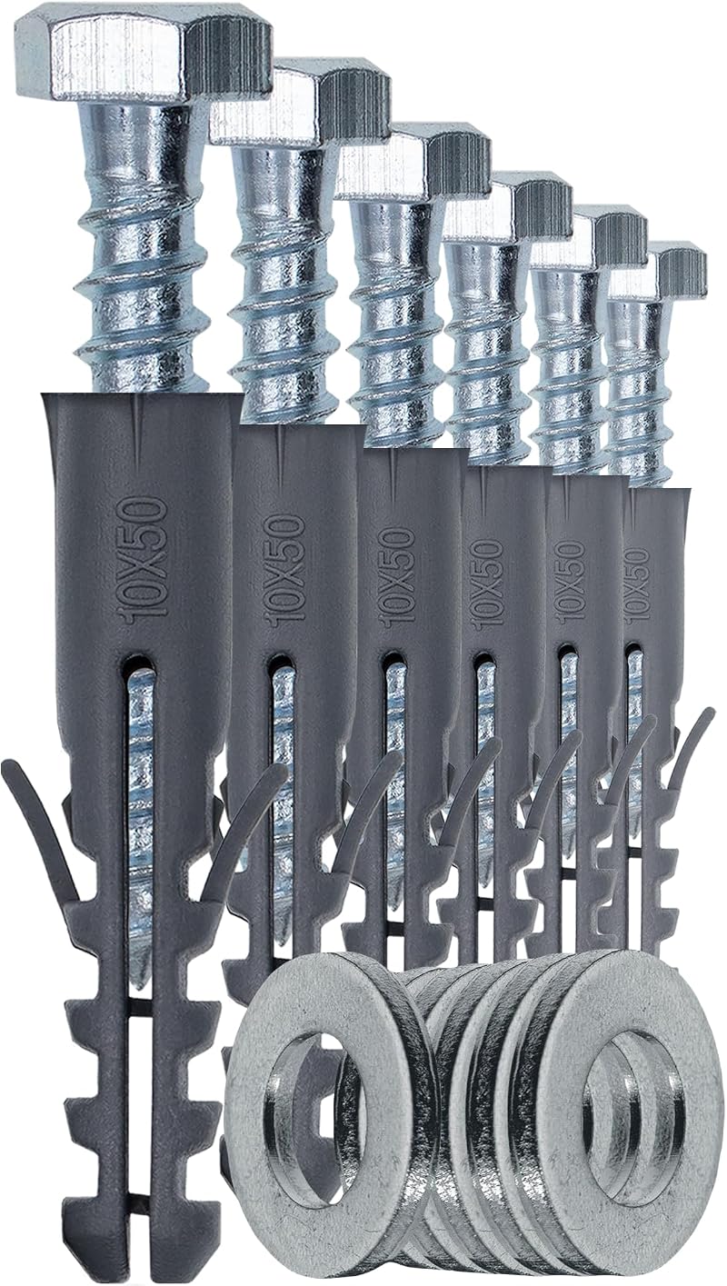 1STec 6 x M10 x 50mm Galvanised Anchor Nylon Mungo Wall Plug Kit + 13mm Hex Bolt