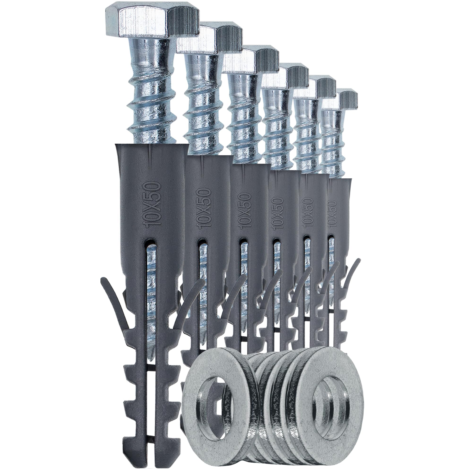 1STec 6 x M10 x 50 mm Strong Galvanised Satellite Anchor Nylon Mungo Wall Plug + Heavy Duty Coach Screw with 13mm HEX Bolt Head for Fixing Aerial Mast Sky Dishes TV Mount Brackets Shelving Racking