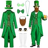 SOMSOC 9 Pieces Men St Patrick's Day Costumes Set Adult Irish Suit Outfit with Clover Hat Glasses for St Patrick's Day Party