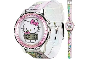 Accutime Sanrio Hello Kitty Kids LCD Watch – Pink Cityscape Strap, Metallic Case, Iridescent Bezel, Digital Display, Adorable Printed Dial, Adjustable Fit, Perfect for Girls – Fits Wrists 5.5” to 8