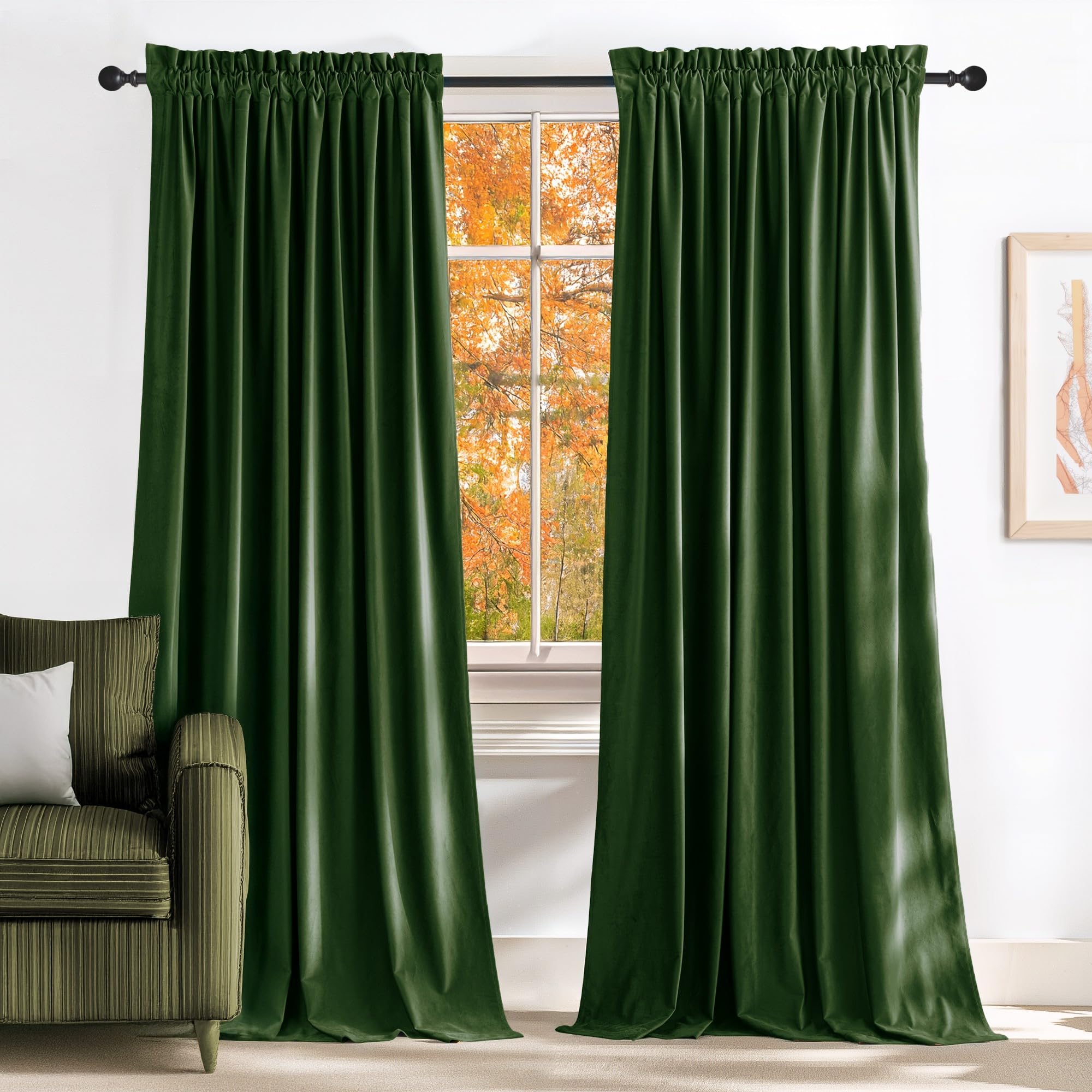 Photo 1 of NICETOWN Green Velvet Curtains 108 inches - Olive Green Blackout Curtains for Bedroom and Living Room, Thermal Insulated Soundproof Panels Soft Luxury Home Decor, W52 x L108, 2 Panels