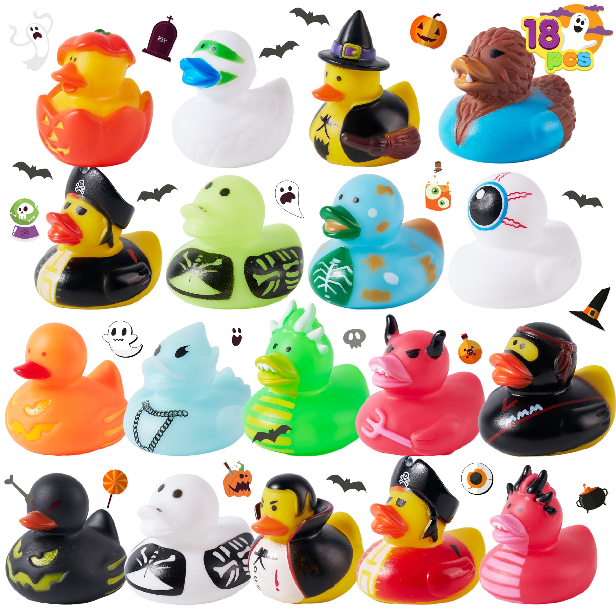 JOYIN 18 pcs Halloween Novelty Rubber Duckies, Halloween Classic Featured Duckies Great for Halloween Party Favors, Baby Baths, Halloween Themed Pool and Celebrations (13242)