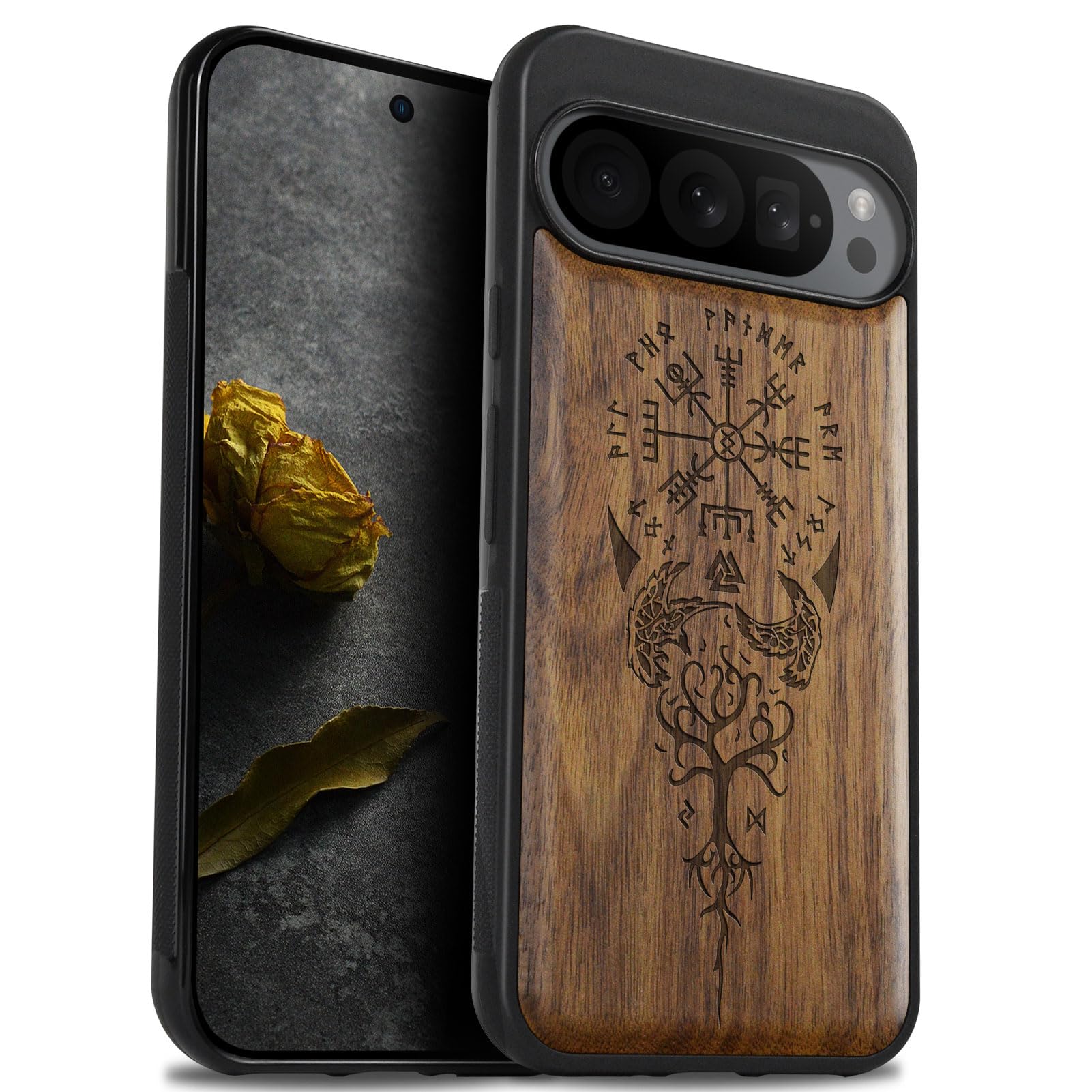 Carveit Wood Case for Pixel 9 Pro [Natural Wood & Black Soft TPU] Shockproof Protective Cover Compatible With Google Pixel 9 Pro (The Guiding Vegvisir-Walnut)