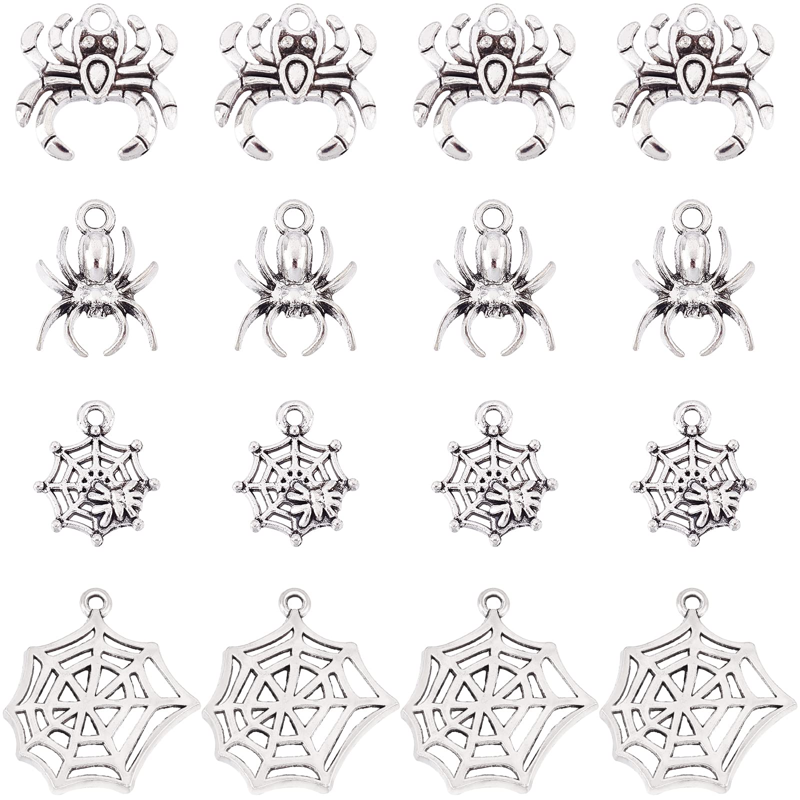 SUNNYCLUE 1 Box 80Pcs 4 Style Spider Charms Tibetan Style Halloween Spider Charms for Jewelry Making Alloy Spider Web Charms Earrings Necklace Bracelets Supplies Halloween Decor DIY Craft Adult Women
