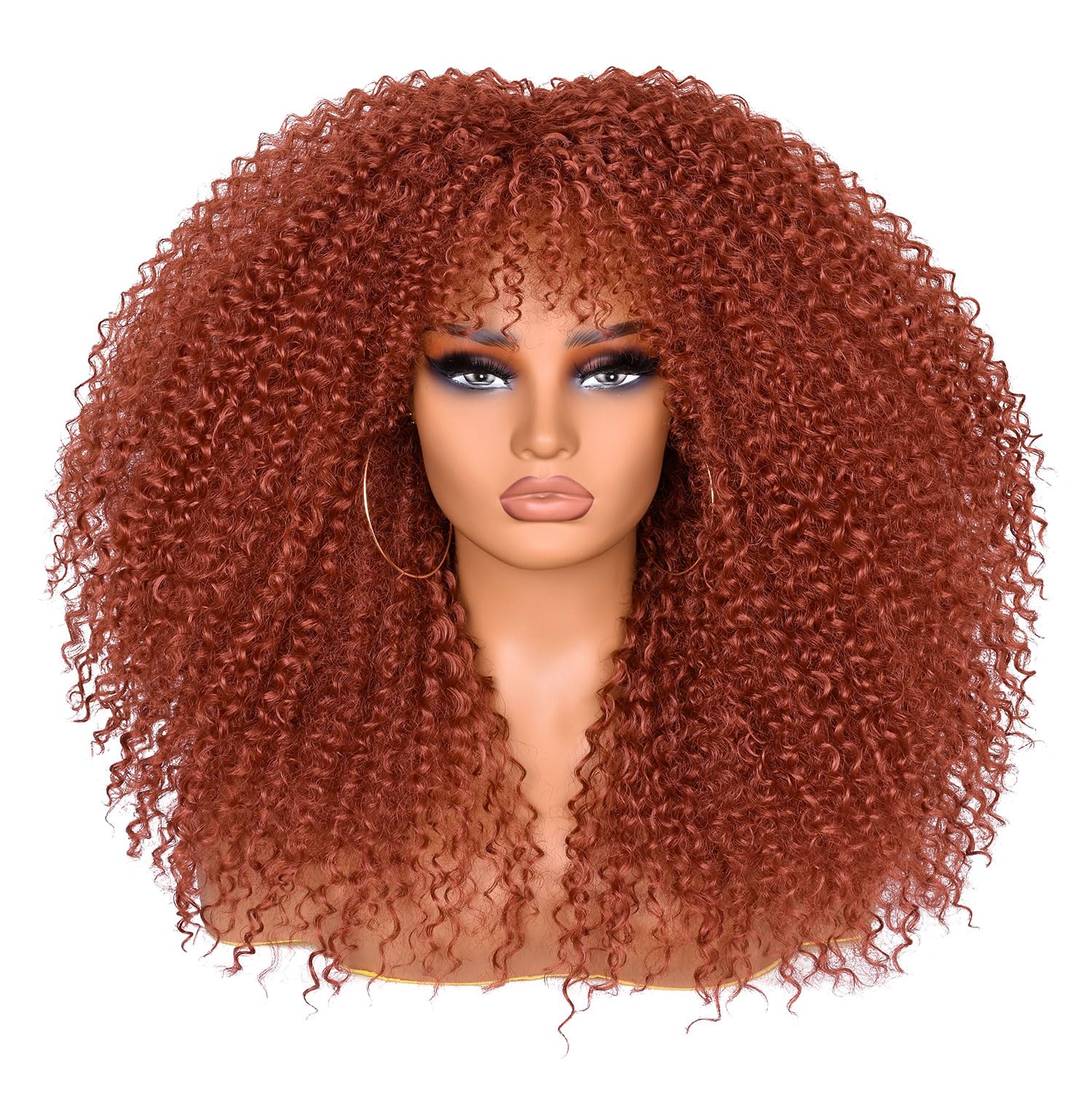 Lizzy Curly Afro Wigs for Black Women 18 Inches Afro Bomb Curly Wig with Bangs Synthetic Fiber Glueless Long Kinky Curly Hair Wigs for Daily Party (Orange)