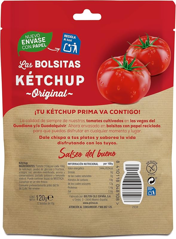 Ketchup original de dose única feito com tomate espanhol. 12 saquetas