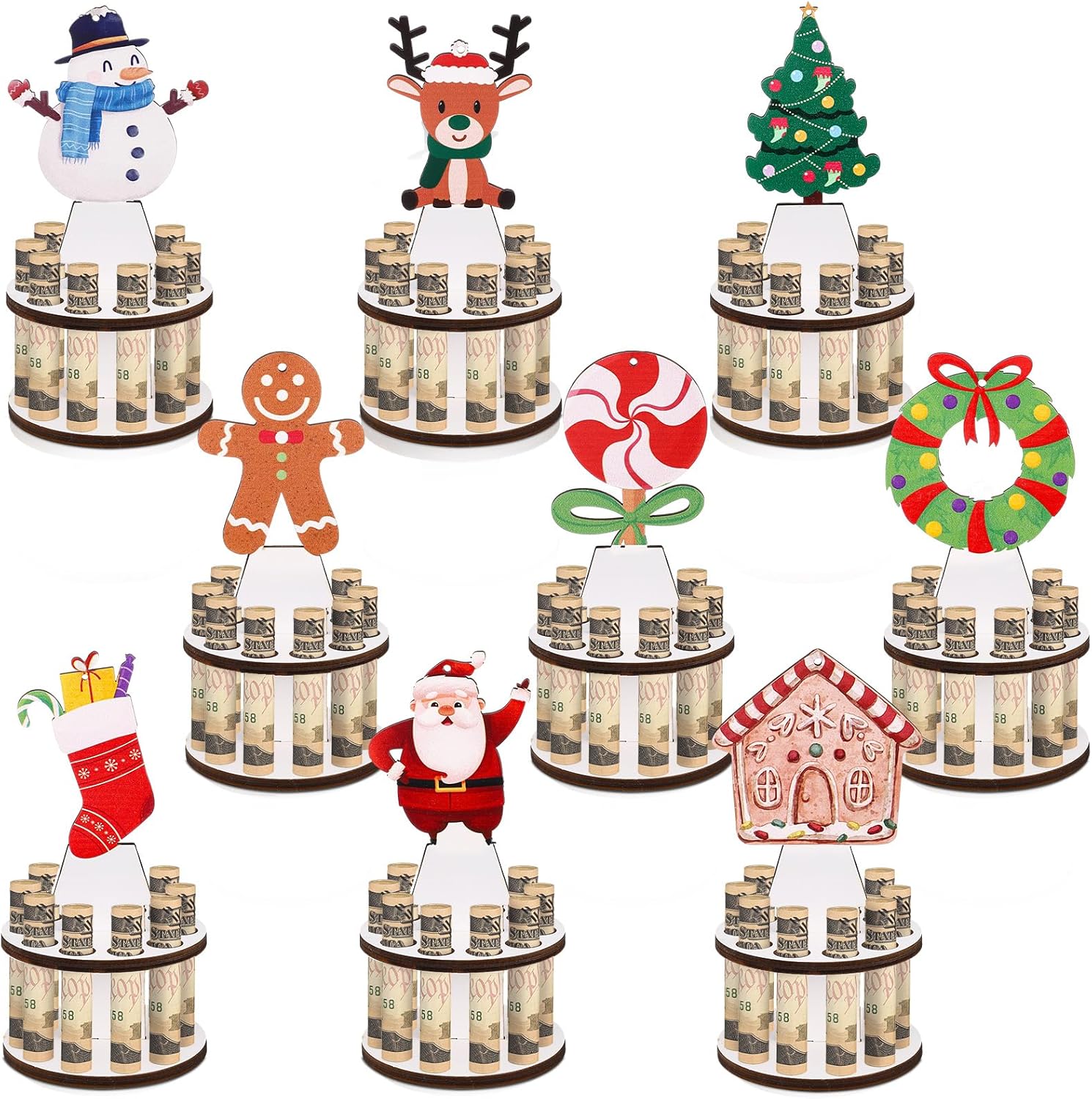 Tree Stands - 9 Pcs Wooden Christmas Money Holder Xmas Handmade Money Holder for Cash Gift with 10 Holes Cake Top Christmas Cash Holder Ornaments for Gifting Money Table Decor Blessings Can Be Written on The Back