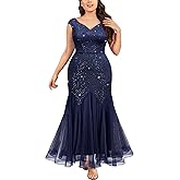 Miusol Women's Plus Size Sequins Lace Tulle Mermaid Hem V-Neck Sleeveless Formal Evening Party Maxi Dress