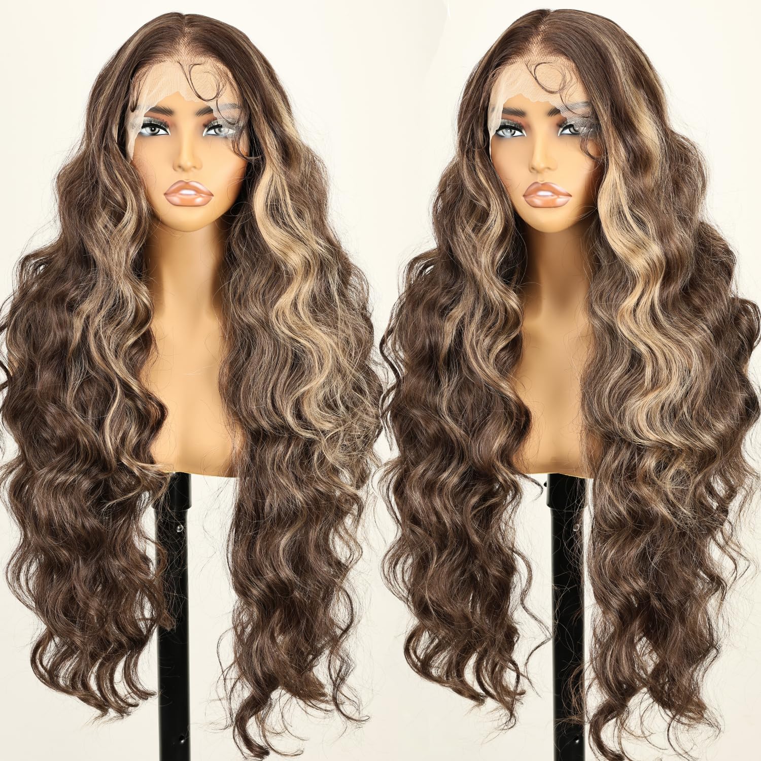 Photo 1 of SOKU 13x6 Lace Frontal Wig Highlighted 32 Inch Body Wave Pre Plucked Babyhair Transparent HD Lace Heat Friendly Highlights Brown Bouncy Synthetic Hair