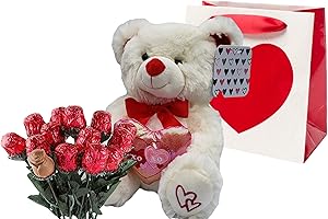 KELLY TOY Valentines Day Gift Basket | 10 Inches Teddy Bear Plush (Color May Vary), Valentine Theme Gift Bag & A dozen Belgian Milk Chocolate Roses Bouquet 2.11 ounce | For Her Wife Girlfriend Mother Daughter