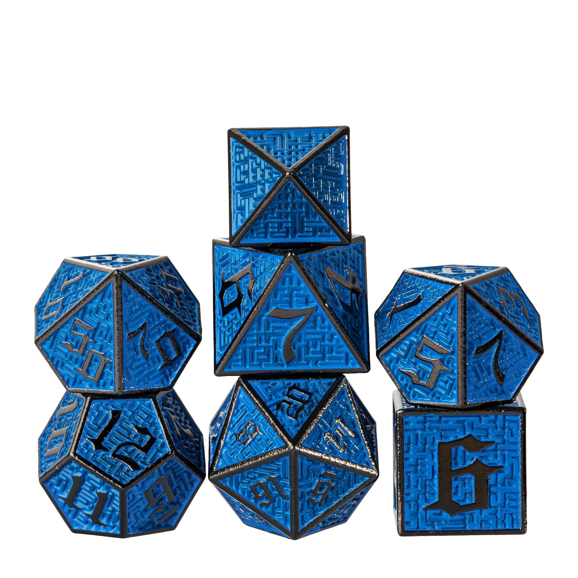 Cusdie Metal Dice Set, 7 Pcs DND Metal Dice, Maze Design Polyhedral Dice Set, for Role Playing Game D&D Dice Pathfinder(Black Blue) — image 1