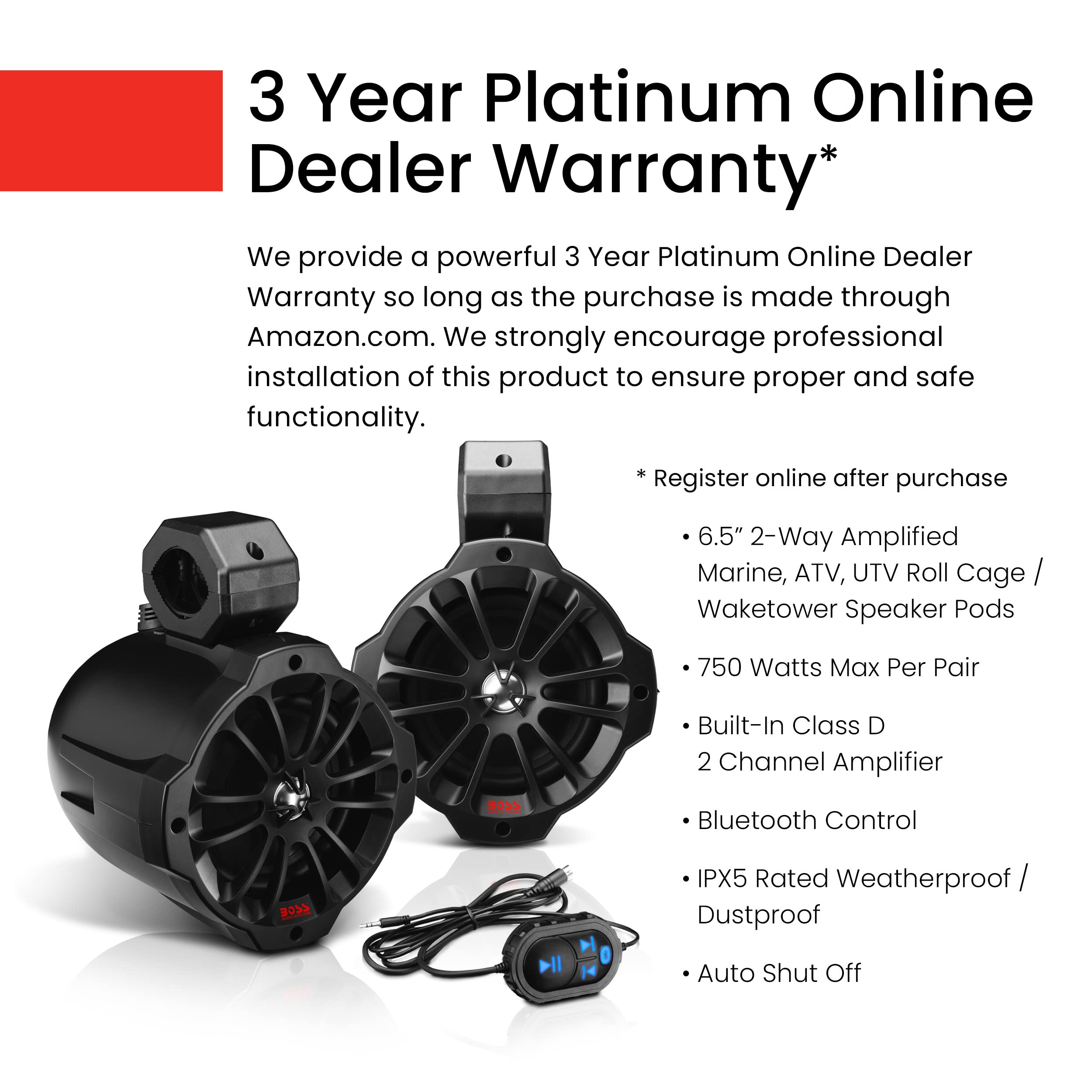 BOSS Audio Systems B62ABT ATV UTV Marine Weatherproof Waketower System - Amplified, 6.5 Inch Stereo Speakers, Full Range, 2 Way, Tweeters, Bluetooth, IPX5 Rated, Sold in Pairs, for Boat, Wake Tower