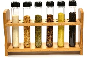 hBARSCI Hand Made Test Tube Spice Rack, Wooden Rack with 12 Borosilicate Glass Test Tubes (6" Long, 1" Dia.) with Caps and Funnel