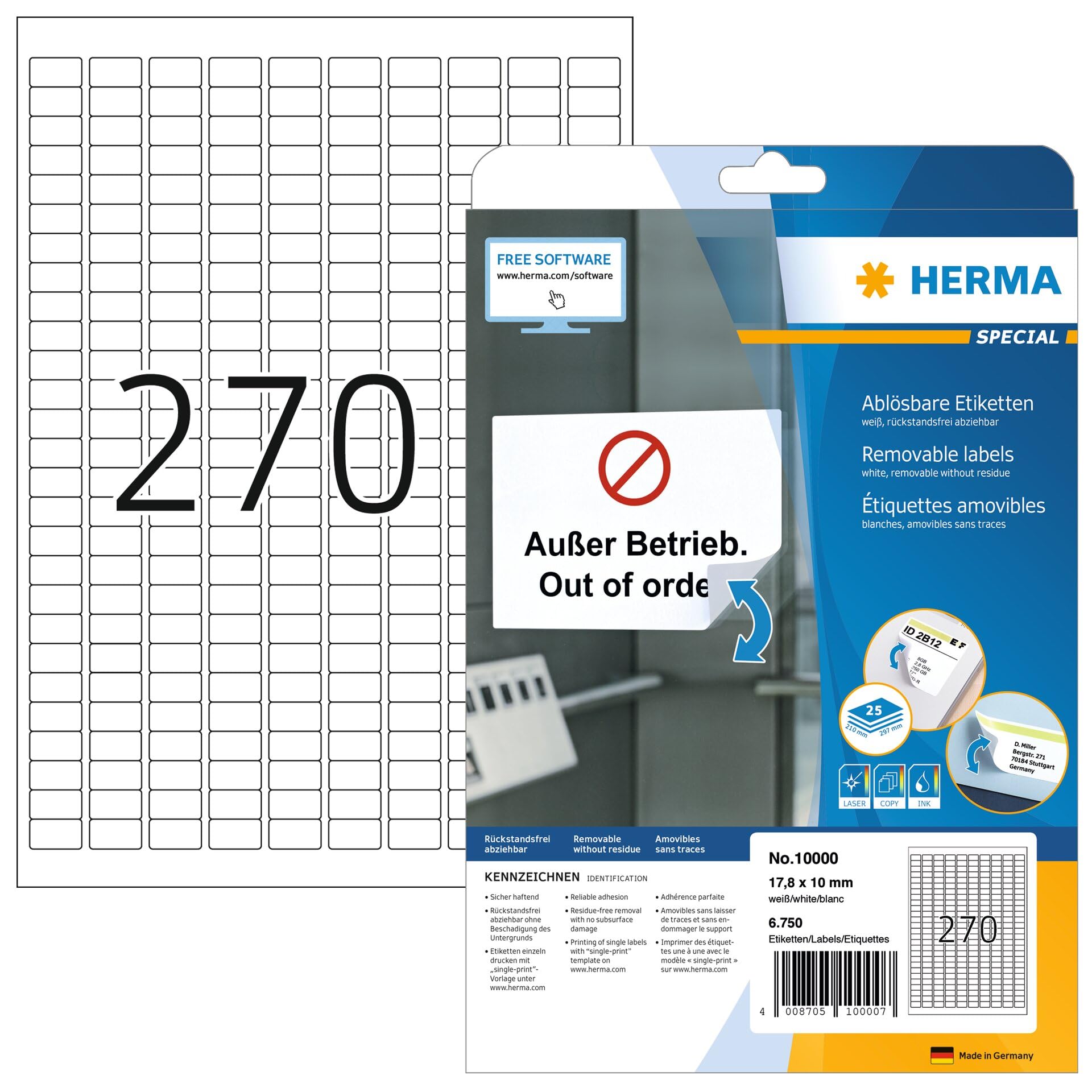 HERMA Self Adhesive Removable Labels, 270 Labels per A4 Sheet, 25 Sheets, 17.8 x 10 mm, 6750 Labels, Blank Multipurpose Labels Stickers, Sticky Labels for Laser & Inkjet Printer, White
