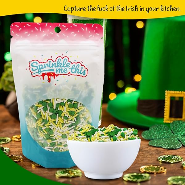 ST. PAT’S LUCK | GREEN SHAMROCK SPRINKLES W/WHITE AND YELLOW DECORETTES | 12 OZ RESEALABLE STAND UP BAG | ST. PATRICK’S DAY THEMED SPRINKLE BLEND | CAKE DECORATING SPRINKLES