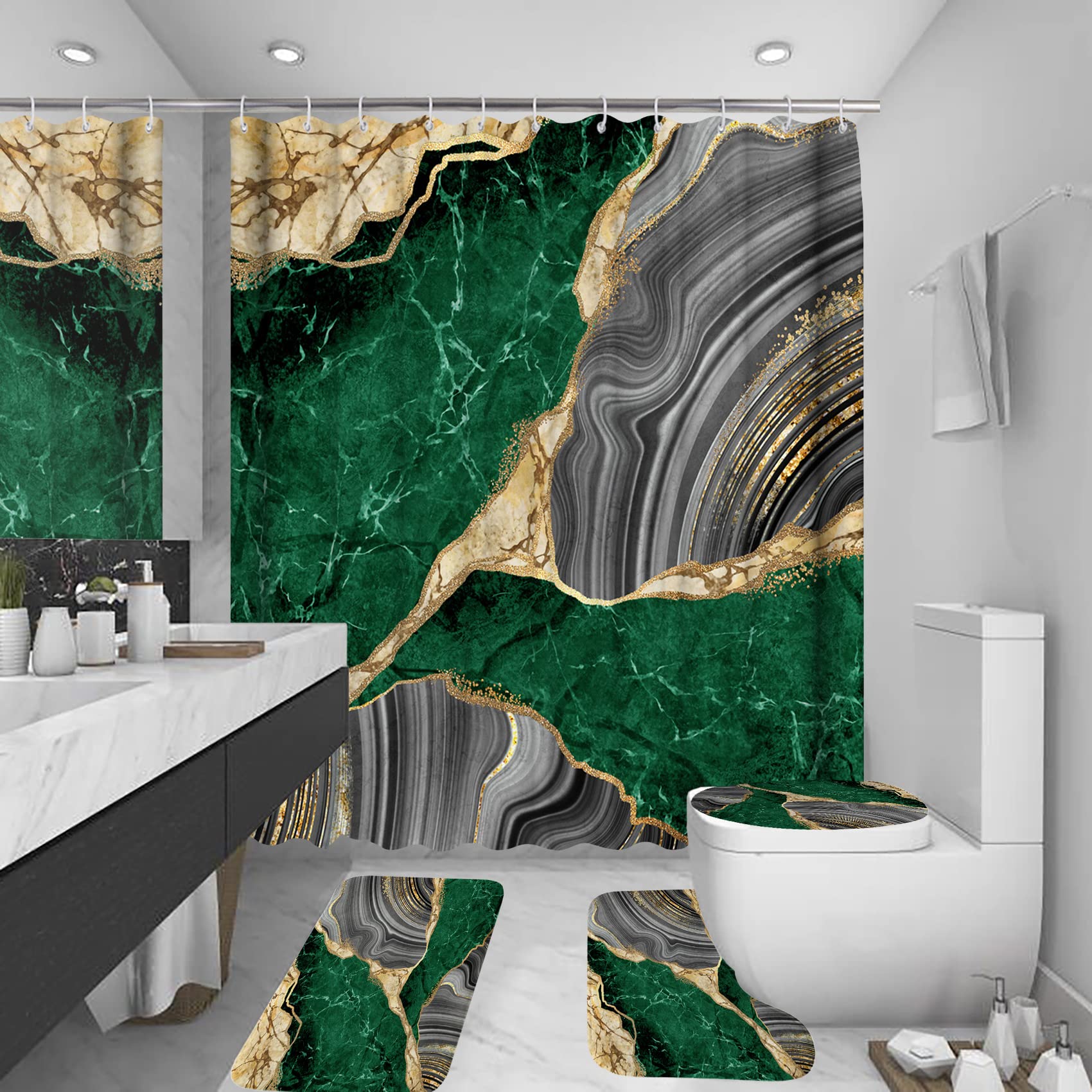 Photo 1 of **PARTIAL SET RUGS ONLY** beifivcl 4Pcs Marble Shower Curtain Sets, Bathroom Decor Sets, Luxury Shower Curtain with 12 Hooks, Bath Mat, Toilet Lid Rug and Non-Slip U Shape Mat Accessories Marble Print, 72 x 72 Inch, Green