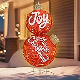 Cinnvoice 35" Giant Outdoor Christmas Ball Ornaments - Lighted Pop-up Stacked Holiday Ornaments with Built-in LED Warm Lights, Oversized Glittered Decorations for Winter Xmas Yard Garden(Red)