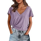 SENSERISE Womens Short Sleeve V Neck T Shirts Oversized Basic Tees Lightweight Soft Casual Loose Tops(Purple,L)