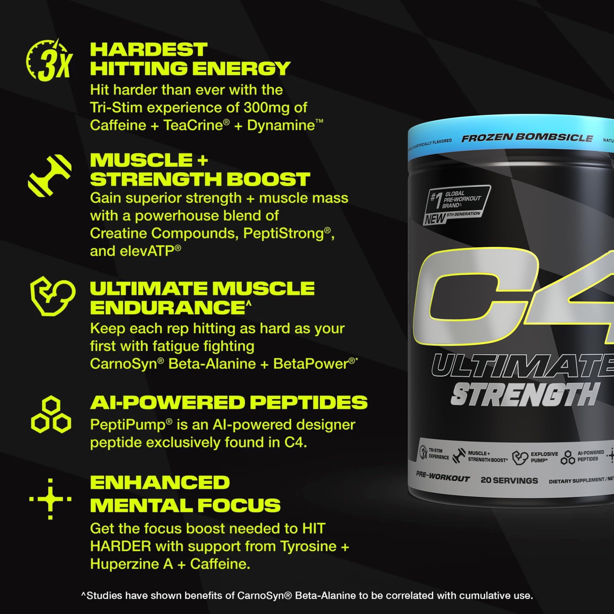 Cellucor C4 Ultimate Strength Pre Workout Powder - Tri-Stim Experience 300mg Caffeine+TeaCrine+Dynamine - Creatine & Beta-Alanine - Energy Supplement for Men & Women - Frozen Bombiscle, 20 Servings
