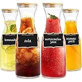 Set of 4 Circular Glass Carafe, 1 Liter Beverage Serveware Carafe with Bamboo Lid, Water Bottles, Clear Glass Pitchers for Mimosa Bar, Milk, Juice, Lemonade(4 Bottles)