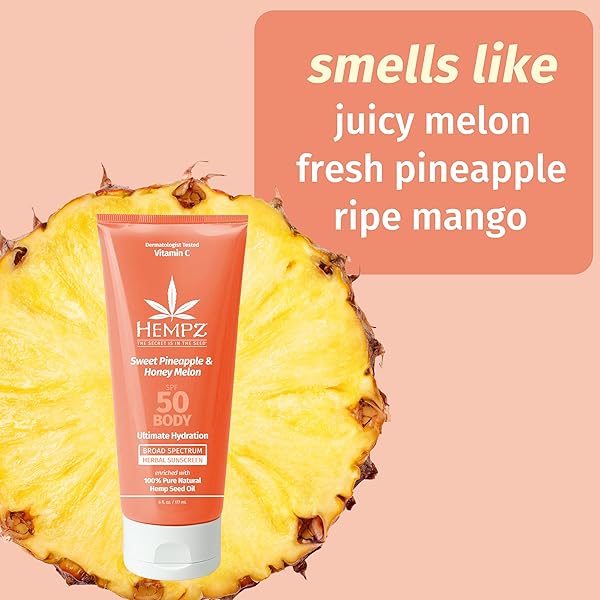 HEMPZ DAILY BODY SUNSCREEN SPF 50, SWEET PINEAPPLE AND HONEYMELON, REEF SAFE, VEGAN, DERMATOLOGIST TESTED, 6 OZ