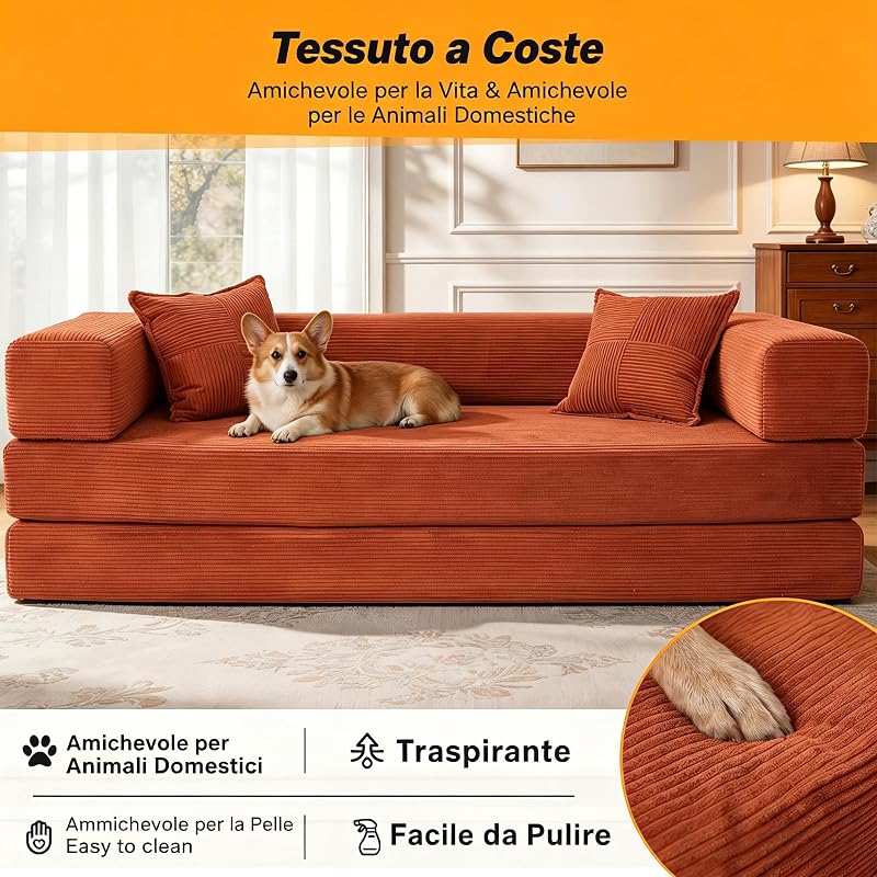 Divano letto senza ossa, 160 cm, corda premium, futon 5-in-1 con 2 cuscini in memory foam per piccoli spazi, arancione