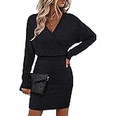 Bebonnie Womens Sexy V Neck Batwing Sleeve Sparkly Cocktail Party Sweater Dresses Holiday Bodycon Midi Dress