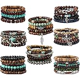 Svovin 43Pcs Wooden Beaded Bracelets for Men Bulk Bracelets Punk Vintage Adjustable Gothic Bracelet Pack Pulseras Para Hombres Set
