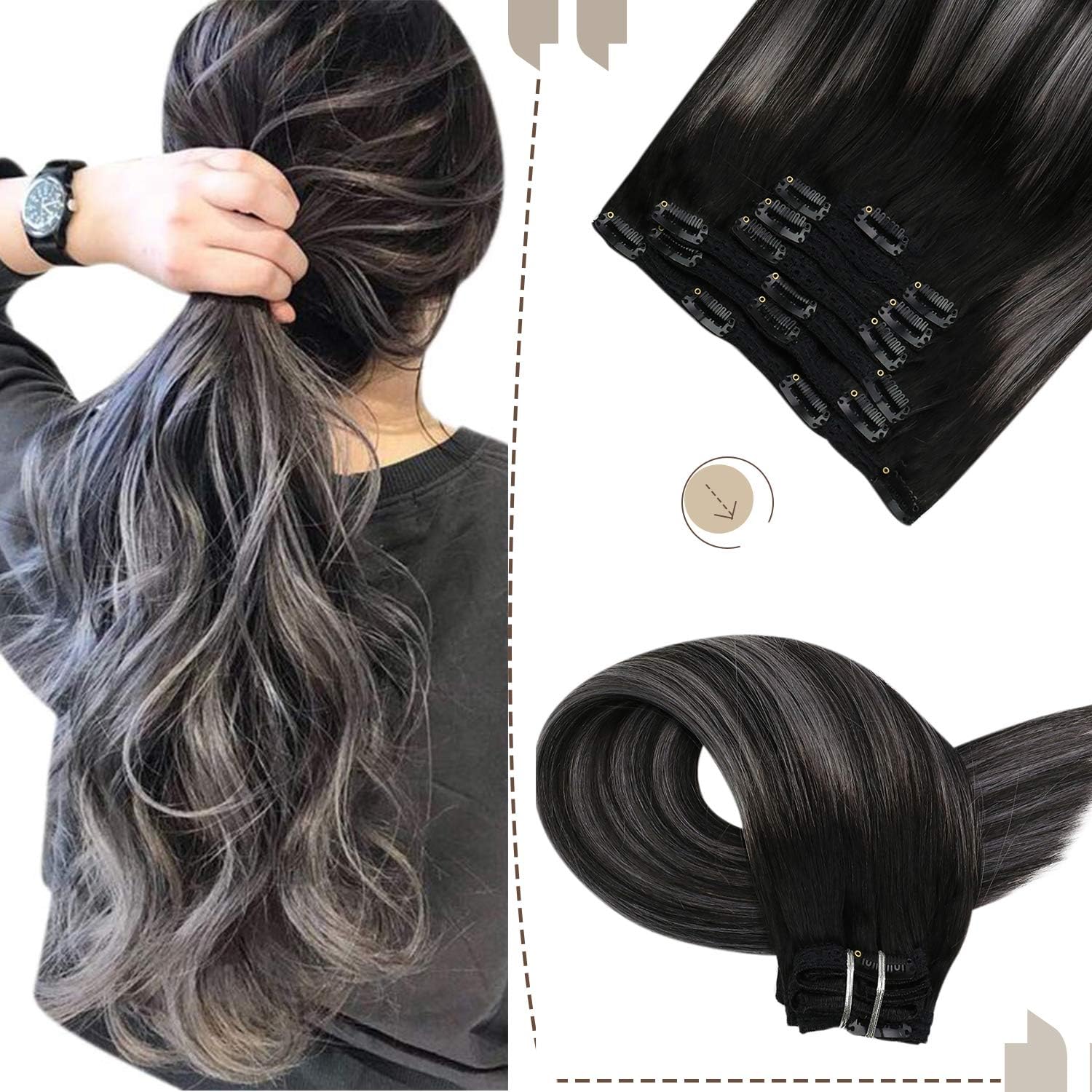 Moresoo Human Hair Clip in Extensions Balayage Black with Silver Double Weft Clip in Human Hair Extensions Balayage Black to Silver Grey Hair Extensions Clip ins Full Head 20inch 7pcs 120g