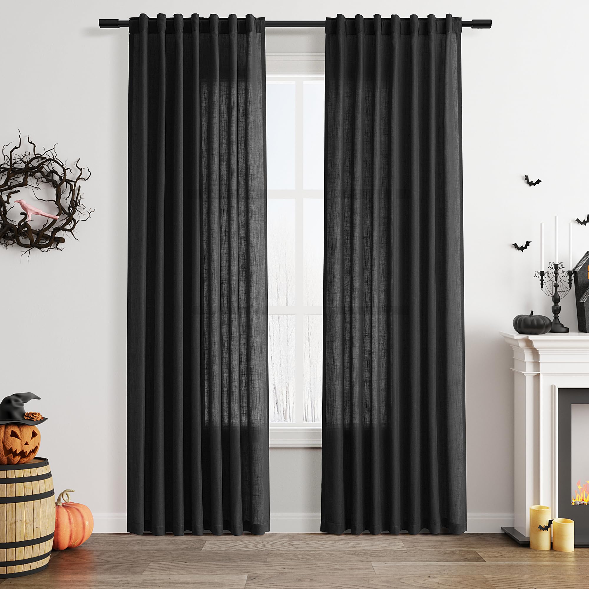 Black Linen Curtains 84 inches Long 2 Panels for Bedroom Back Tab Light Filtering Privacy Sheer Black Curtains Muslin Look Modern Farmhouse Cotton Textured Gauze Curtain for Living Room 2 Panel Set Image Black Linen Curtains 84 inches Long 2 Panels for Bedroom Back Tab Light Filtering Privacy Sheer Black Curtains Muslin Look Modern Farmhouse Cotton Textured Gauze Curtain for Living Room 2 Panel Set Image