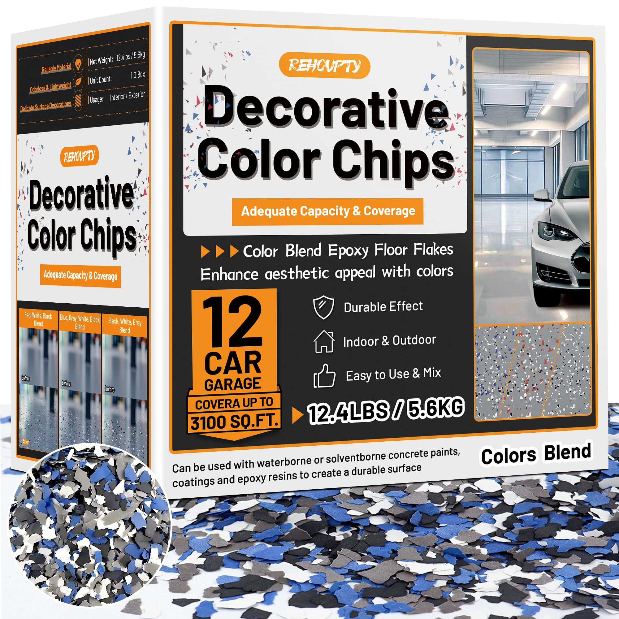 Photo 1 of Blend Decorative Color Chips, 3-5MM Epoxy Floor Flakes Chips - Stone Carpet Epoxy Flooring Paint Chips for Garage Floors Walls Interior & Exterior House Painting (Blue, Gray, White, Black, 12.4lbs)
