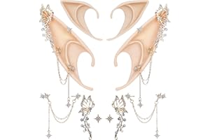 FRESHME Elf Ears with Piercings - Handmade Fairy Ears with Gold Butterfly Earrings Cuffs