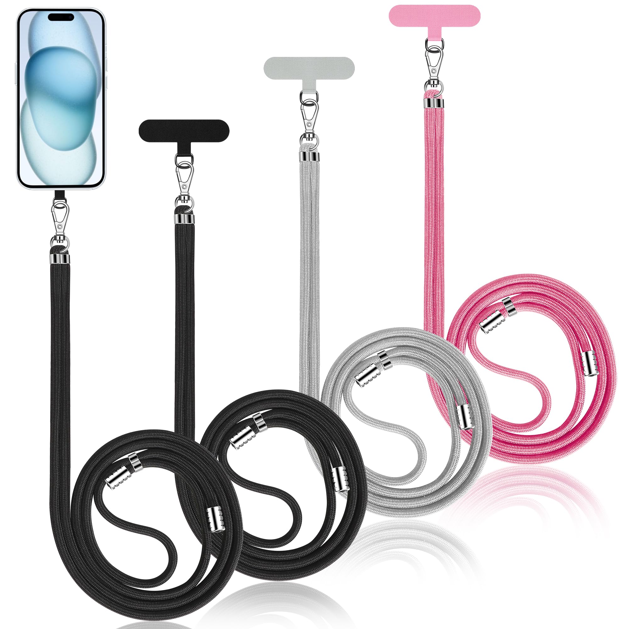 COCASES Crossbody Phone Lanyard Strap with Patch, Adjustable Nylon Neck Strap Necklace Phone Compatible with Most Smartphones (Black*2 & Grey & Pink)