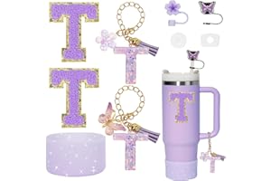 Liangang 9PCS Stanley Cup Accessories Set, Compatible with Stanley Cup 30oz 40oz, Including Straw Cover and Boot, Spill Proof Stopper, Handle Charm, Sticker Letter (Letter T)