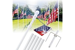 BARCETINE Yard Flag Pole for Outside Ground - 8.5 ft Tangle Free Heavy Duty Flag Pole Kit with 2 Anti-Tip Prong Base,Portable Inground Flag Holder with 3x5 American Flag for House Outdoor Campers,White