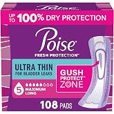 Poise Ultra Thin Incontinence Pads for Women, 5 Drop, Long, 108 ct
