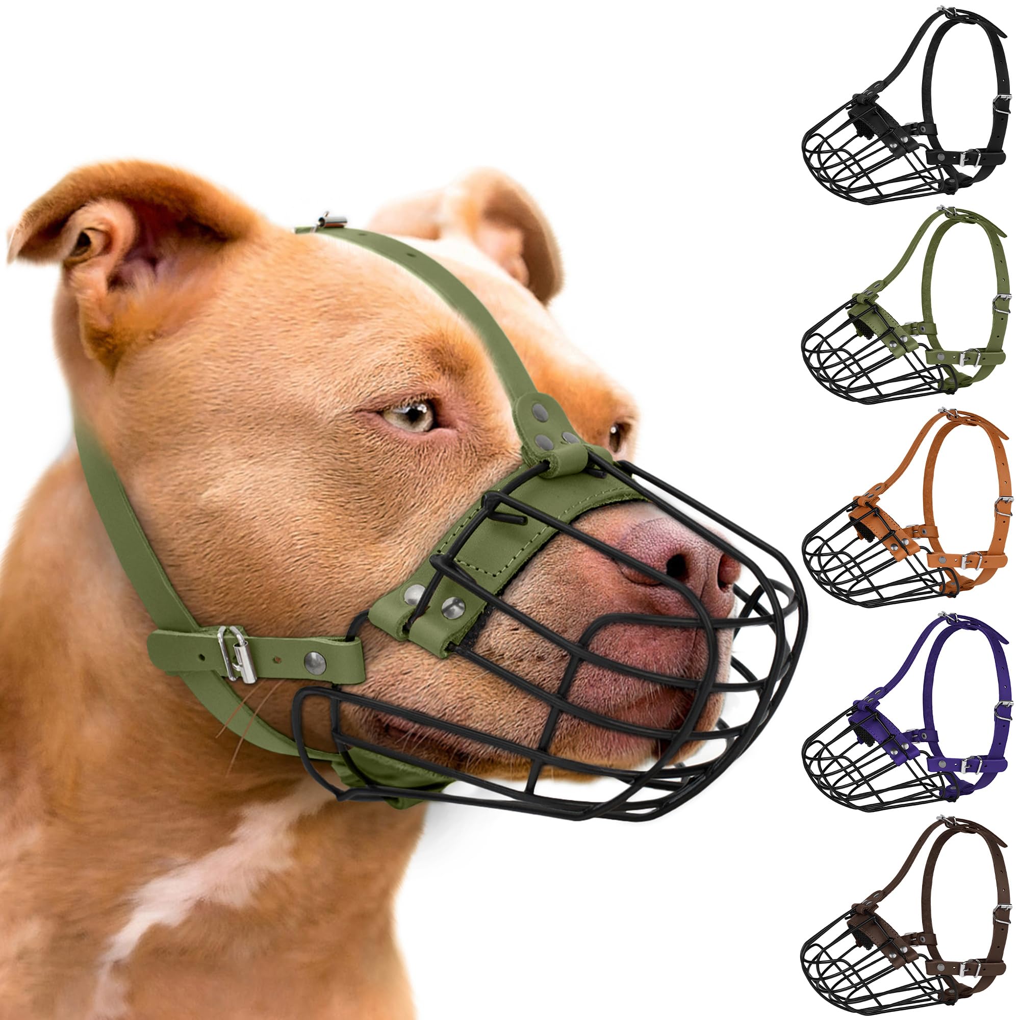 Photo 1 of Pitbull Dog Muzzle Breathable Metal Basket for Large Dogs Amstaff Staffordshire Terrier Secure Wire Mask Adjustable Durable Leather Straps Biting Chewing Barking (Olive)
