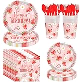 Bourns 168PCS Strawberry Happy Birthday Decorations,Happy Birthday Plates and Napkins Party Supplies, Strawberry Paper Plates and Napkins with Red Plastic Forks Knives Spoons Serve 24 Guests