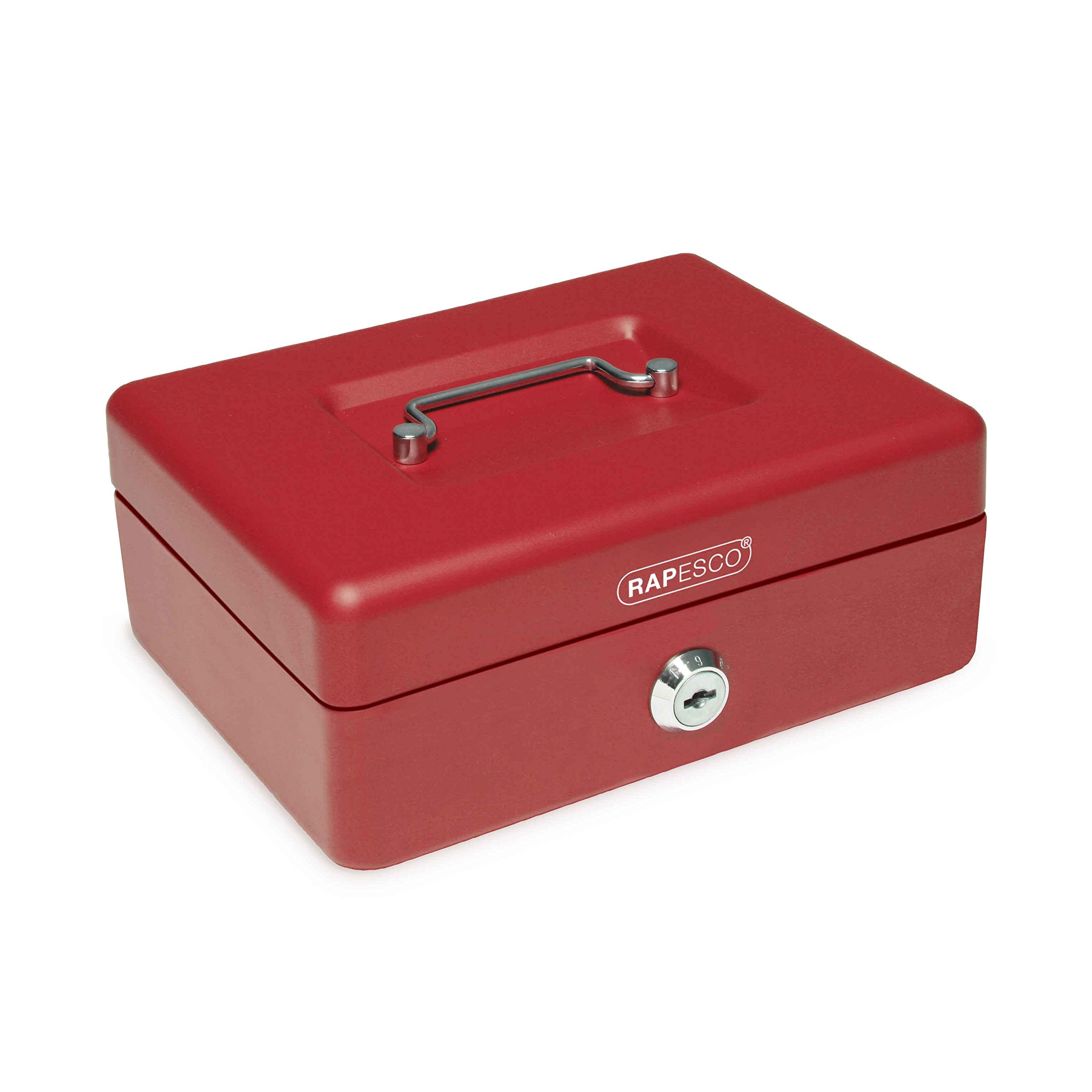 Rapesco SB0008R1 Metal Cash Box with Lock, 3 Keys and Removable Tray, Size 8", Red