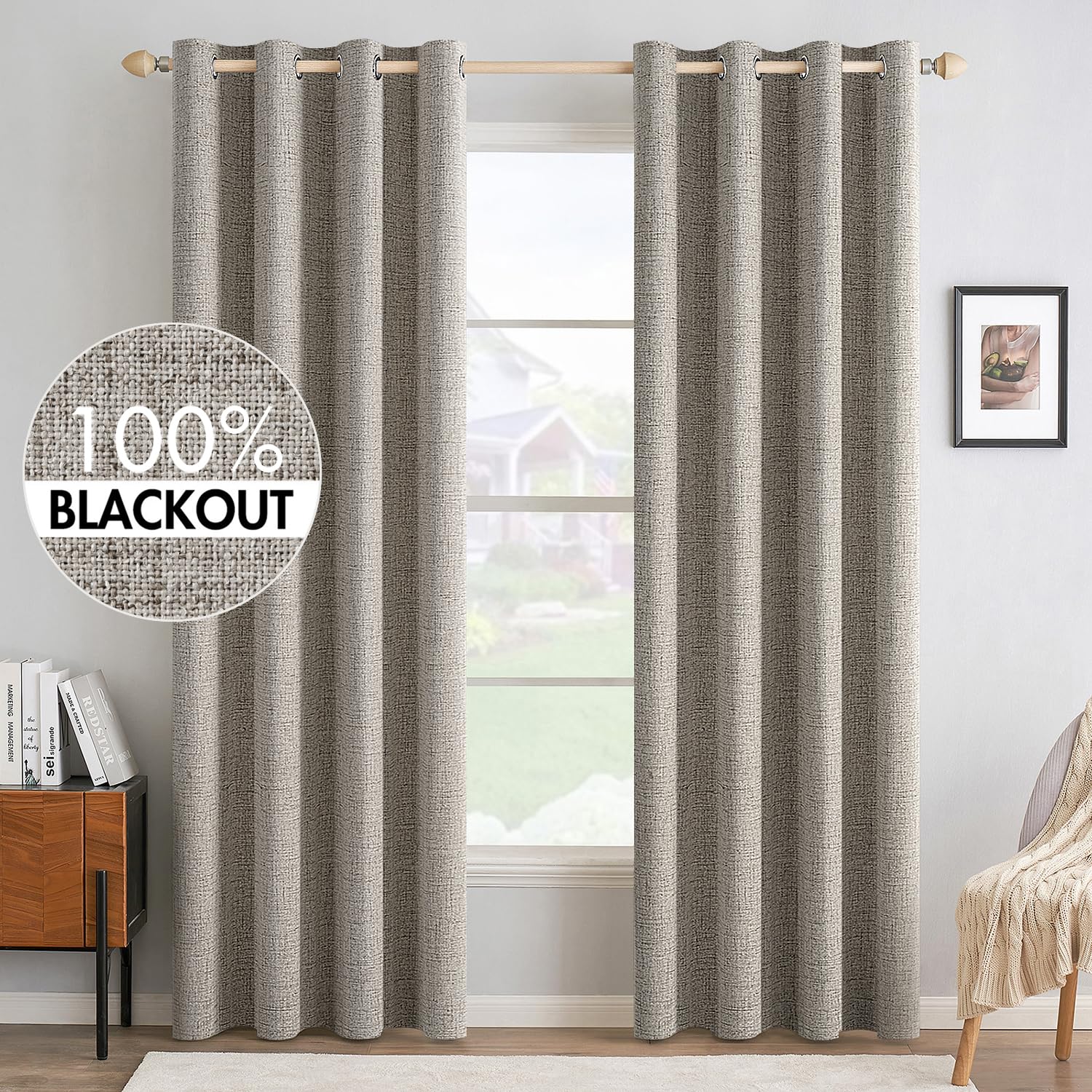 Photo 1 of MIULEE Linen Texture Curtains for Bedroom Solid 100% Blackout Thermal Insulated Linen Curtains Grommet Room Darkening Drapes for Living Room Nursery 52x84 Inch (2 Panels)