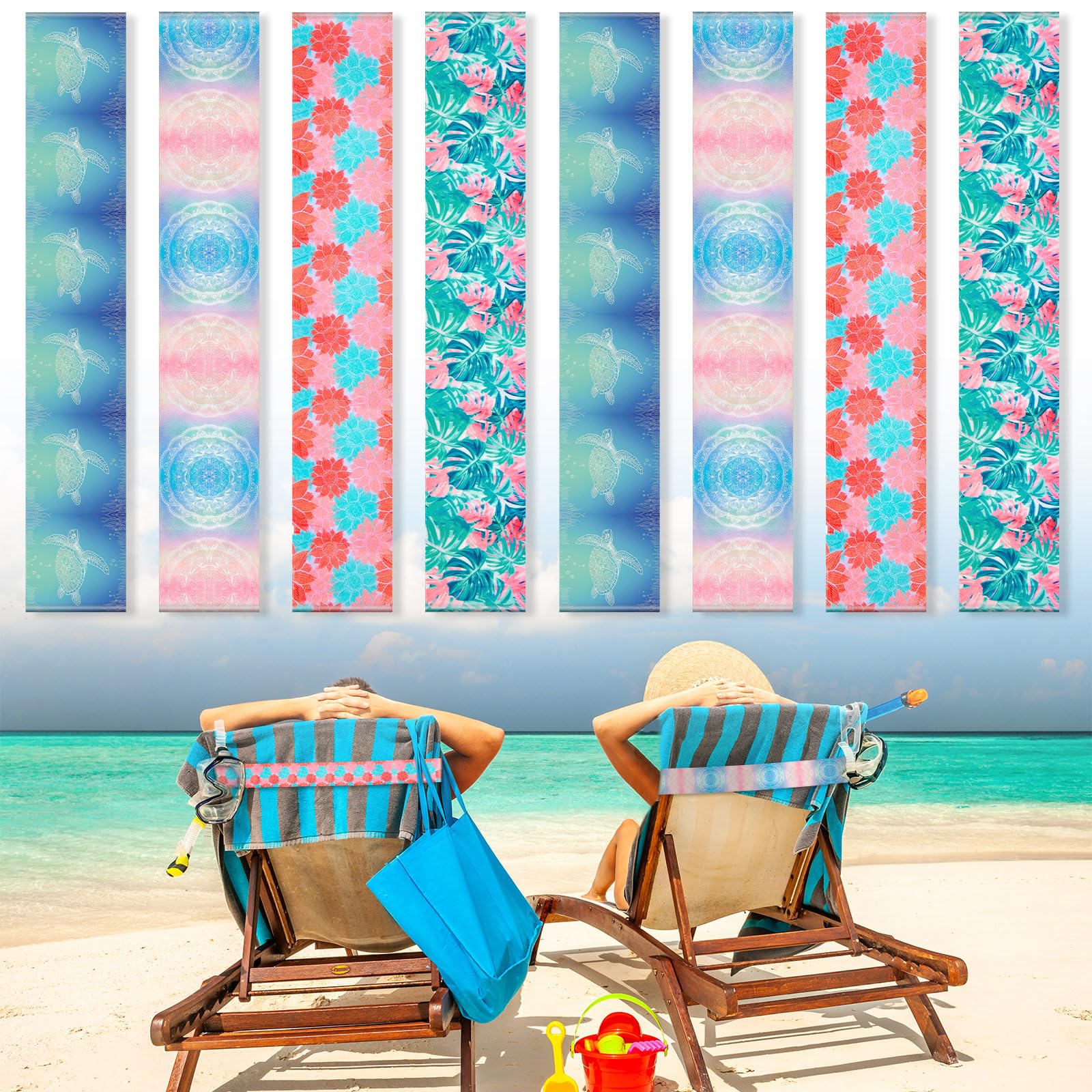 BOAO 8 Pack Towel Bands for Beach Chairs Cruise Clips Lounge Pool Strap Holder Elastic Windproof Accessories Summer (Sea Turtle Style, 15.75 x 1.97''), WAD-Boao-1740664