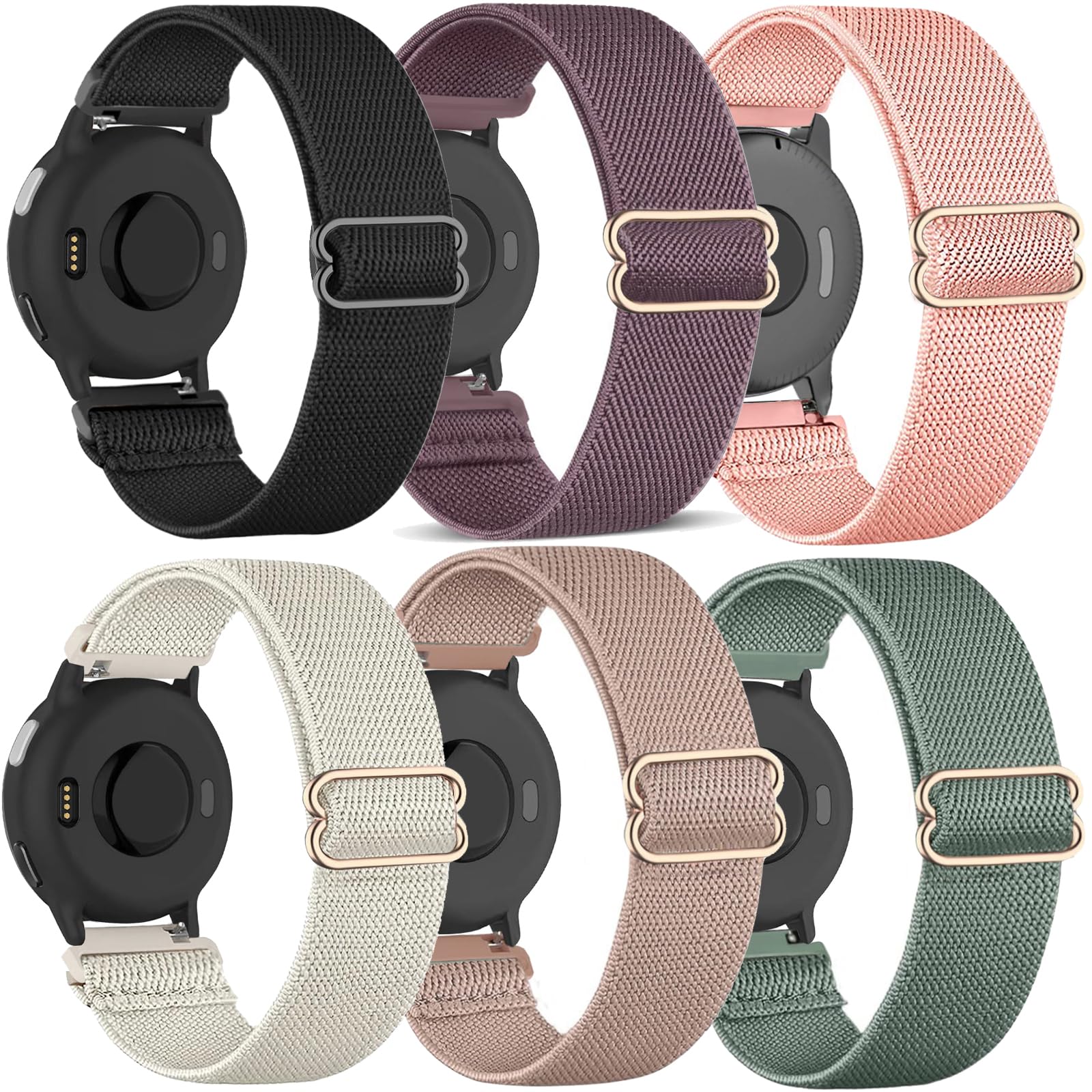 TUCOMO 6 Pack Stretchy Nylon Watch Bands Compatible with Garmin Vivoactive 6/Vivoactive 5/3/3 Music, 20mm Soft Loop Elastic Sport Replacement Straps for Garmin Venu SQ/Forerunner 55/165/245 Men Women