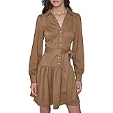 Karl Lagerfeld Womens Long Sleeve Collared Tie Waist Dress