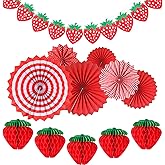 Outus 12 Pcs Strawberry Decor Birthday Party Decorations Supplies Include 5 Strawberry Honeycomb Balls 1 Garland 6 Paper Fans Decor Strawberries Themed Decoration for Baby Shower Party