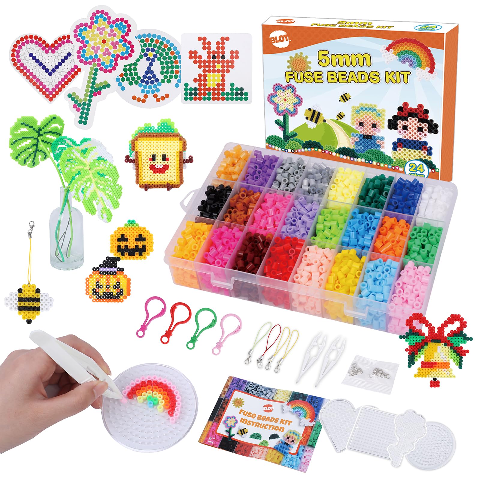 Fuse Beads Kit 24 Colors 5mm Iron Beads for Kids with Pegboards Tweezers Ironing Papers Keyrings Fuse Bead Craft Kit for Boys Girls DIY Crafts
