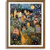 AVECCO Gustav Klimt Style Village Night Wall Art Framed Canvas 8x10 Inch | UV Fade-Resistant Ink, Gicl&eacute;e Print, Wooden Frame, Ready to Hang, Fairy Tale House, Living Room Bedroom Bath Office Decor