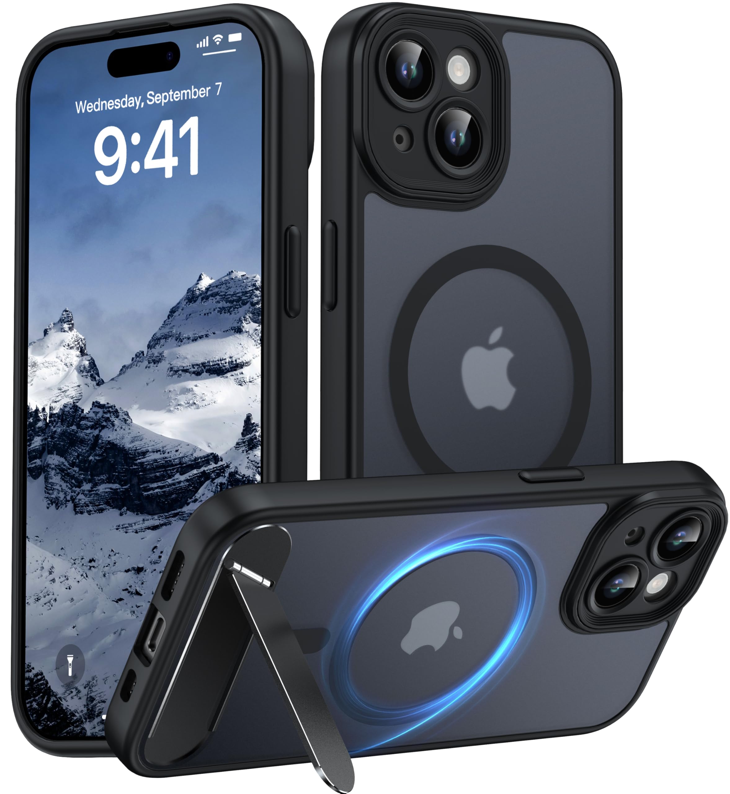 AMILIFECASES Magnetic Compatible with iPhone 15 Case, [Built-in Invisible Kickstand][Compatible with MagSafe][Full Camera Protection] Translucent Matte Phone Case for iPhone 15 6.1" Black
