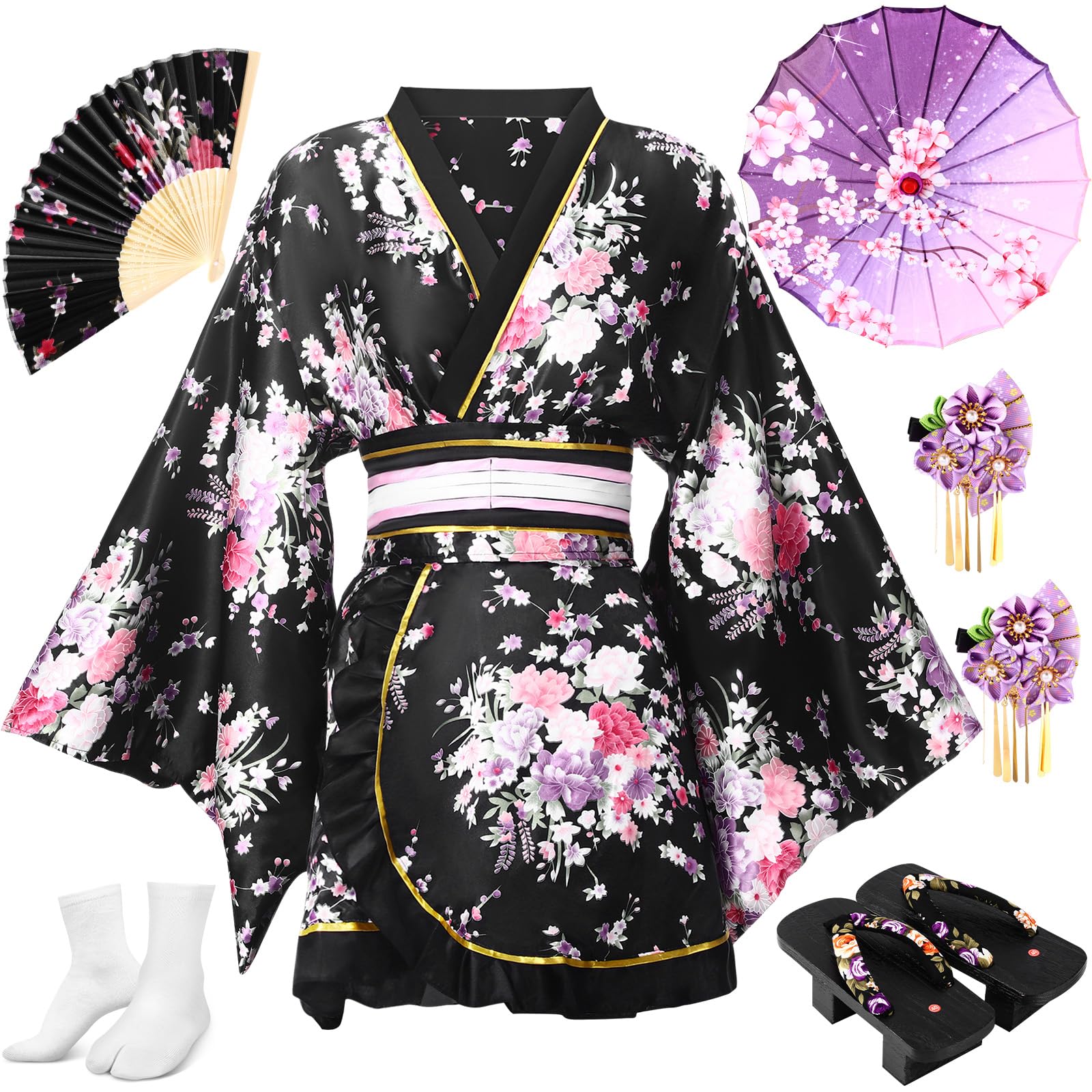 Photo 1 of Cuffbow 8 Pcs Kimono Costume for Women Japanese Geisha Yukata with Belt Wooden Clog Parasol Hairstick Folding Fans Tabi Sock(Black and Purple)