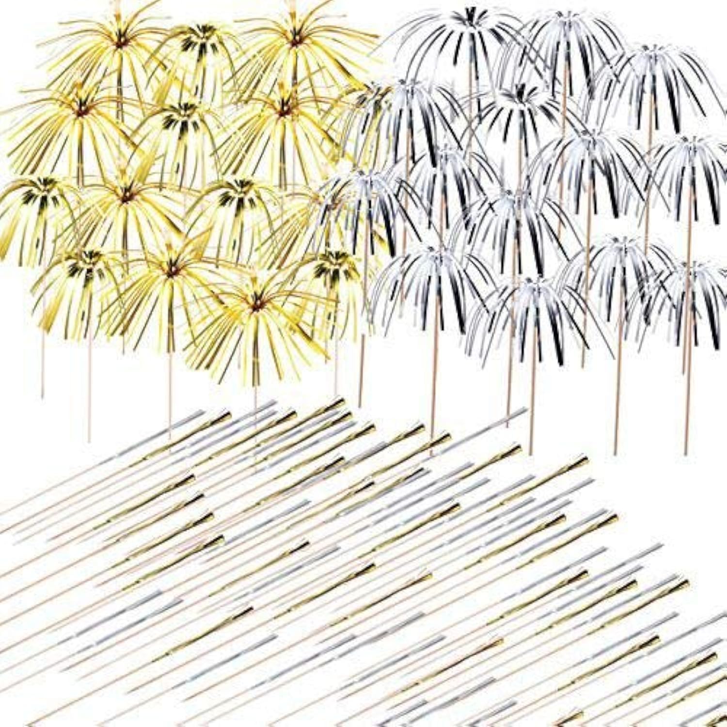 Allazone 200 PCS Cocktail Picks Firework Party Picks, 23CM Gold Silver Firework Cake Toppers, Sandwich Cocktail Picks, Toothpicks for Cakes Decoration, Party Supplies, Christmas Decoration
