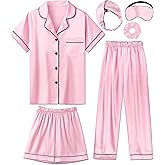 ALHAVONE Silk Pajamas for Girls Satin Pajama Kids 3 Pieces Short Sleeve Girl Button-down Pjs Shorts Pants Sleepwear